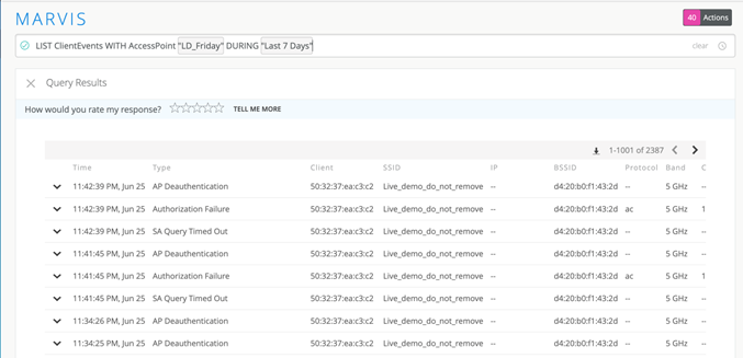 Marvis platform screenshot showing client events for access point LD_Friday over 7 days, including time, event type, MAC address, SSID, BSSID, protocol, and band details for troubleshooting connectivity issues.