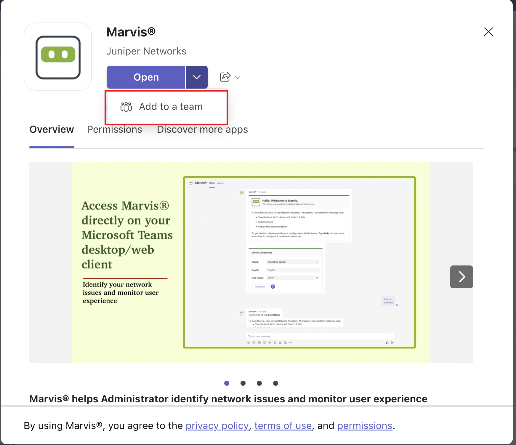 Marvis app by Juniper Networks on Microsoft Teams store with options to Open or Add to a team and overview detailing network issue identification and user experience monitoring.