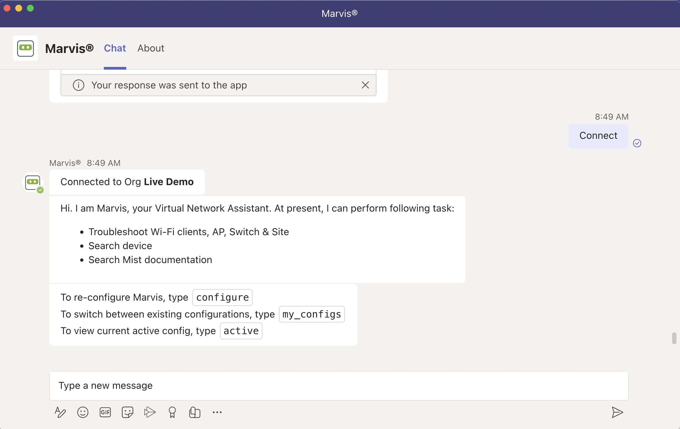 Chat interface for Marvis virtual network assistant connected to Live Demo organization. Lists tasks like troubleshooting Wi-Fi clients and devices, searching Mist documentation, and provides configuration instructions. Text input field and icons for attachments, emojis, and options are shown.