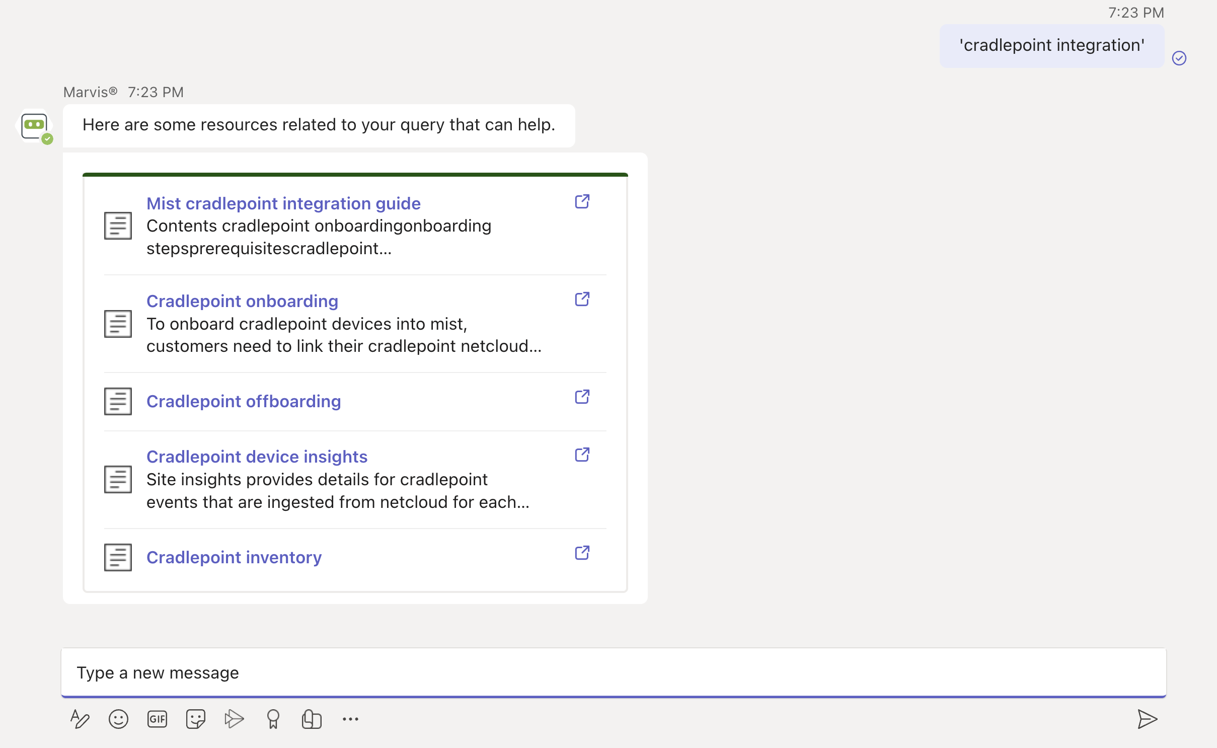 User interface displaying resources for cradlepoint integration, including links to guides on onboarding, offboarding, device insights, and inventory, with a text input field below for new messages.