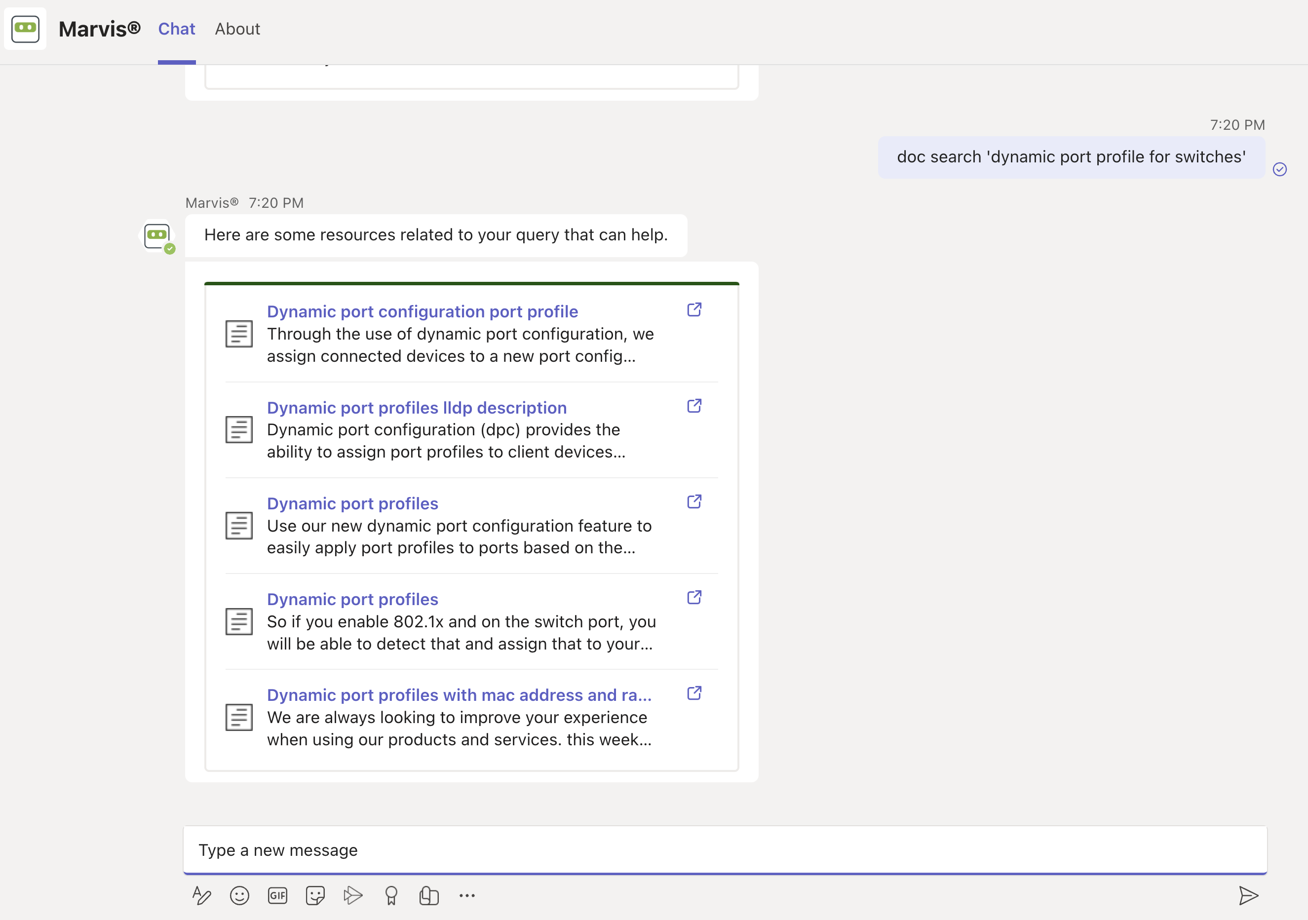 Chat interface displaying search results for dynamic port profile for switches. Includes resource titles, brief descriptions, and links for dynamic port configuration and related topics.
