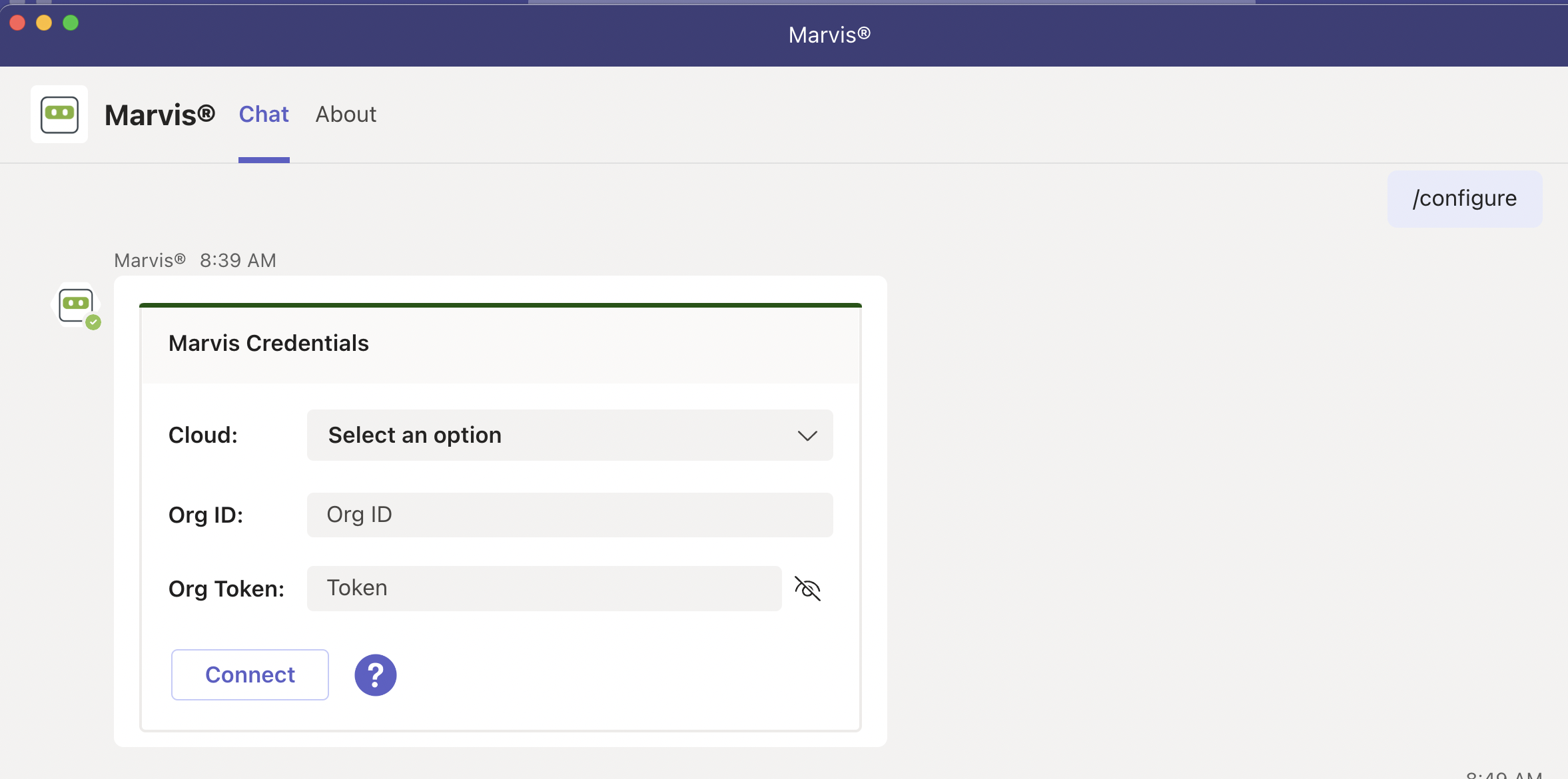 User interface for configuring Marvis Credentials with fields for cloud selection, Org ID, Org Token, Connect button, and help icon for assistance.