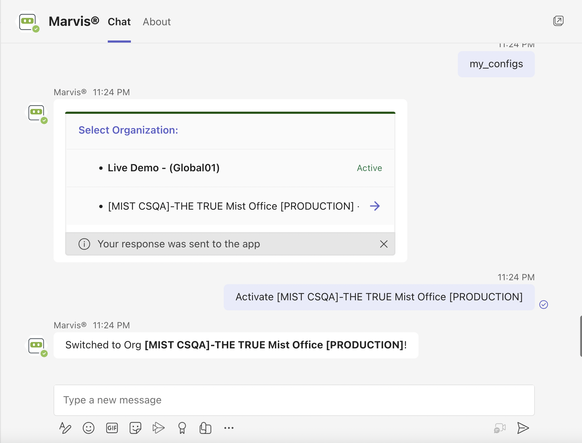 Chat interface showing user interacting with Marvis Chat to switch organizations. User activates MIST CSQA-THE TRUE Mist Office PRODUCTION, confirmed by chatbot with switched to selected organization message.