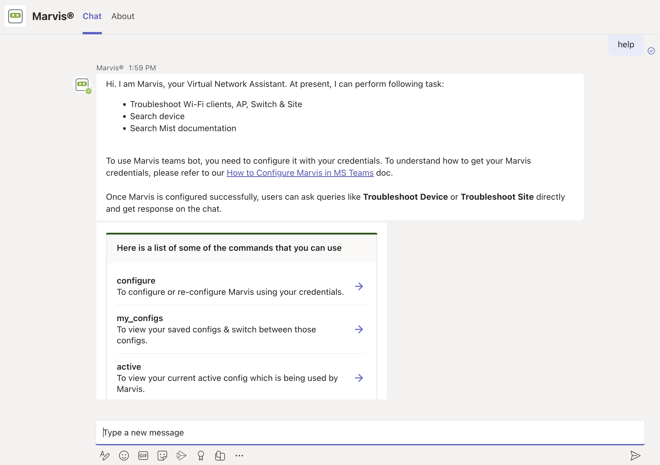 Chat interface for Marvis, a virtual network assistant, showing capabilities like troubleshooting Wi-Fi clients, searching devices, and accessing documentation. Includes commands for configuration, viewing saved configurations, and checking active settings, with a text input field for user queries.