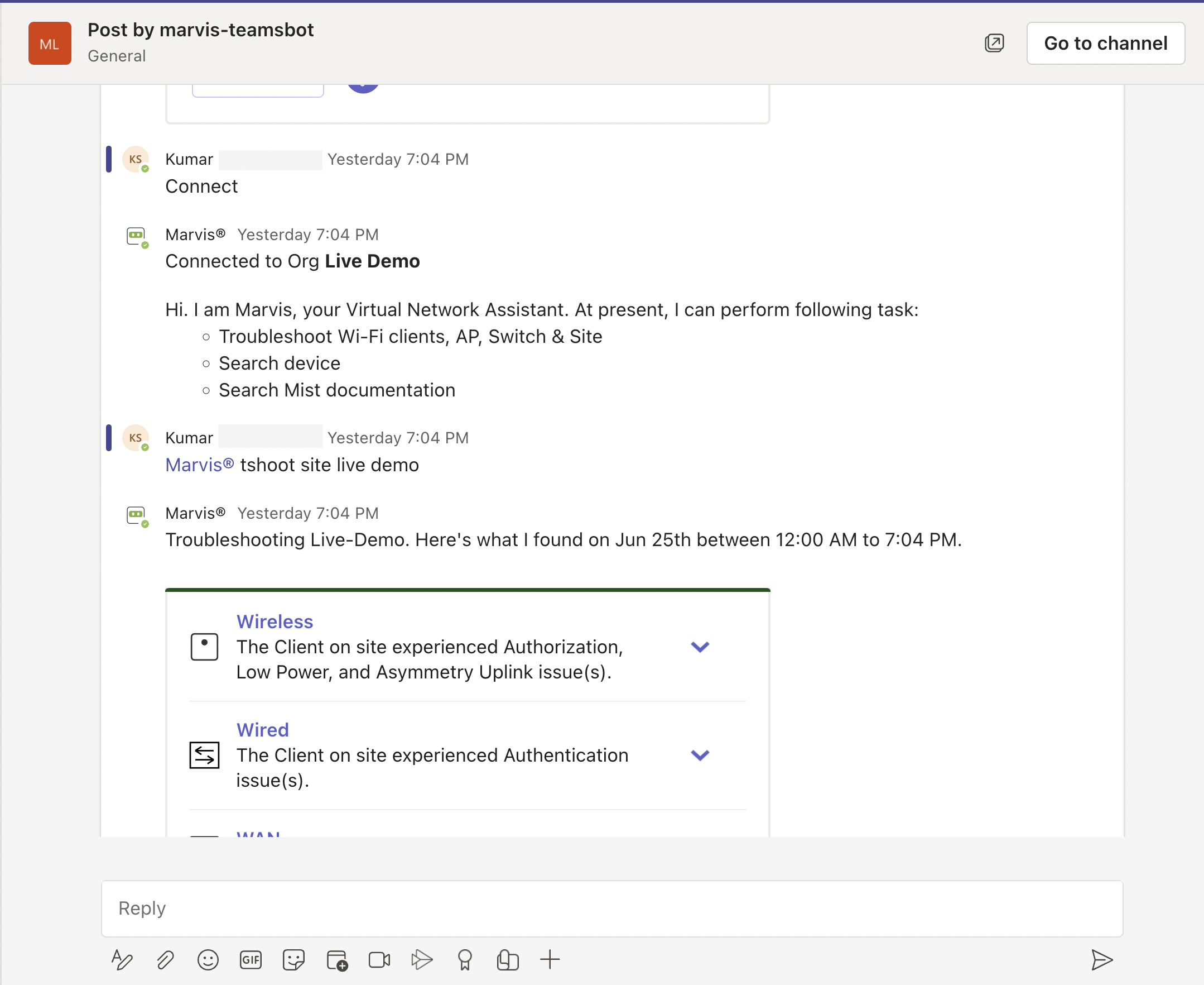 Chat interface showing Kumar asking Marvis to troubleshoot the Live Demo site. Marvis lists its capabilities and provides a summary of issues found, categorized into Wireless, Wired, and WAN sections, with options to expand for details.
