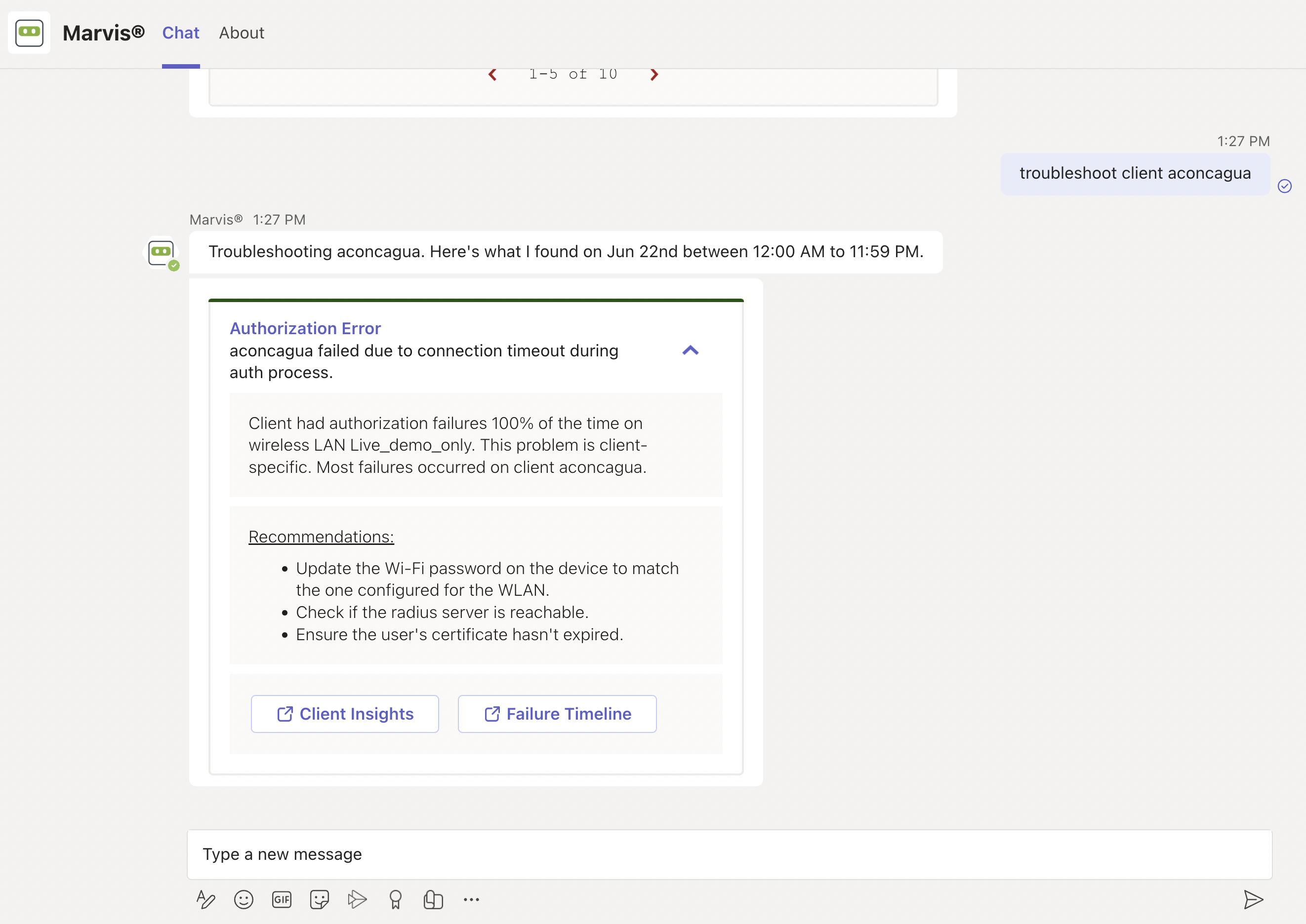Authorization Error for client aconcagua due to connection timeout. 100 percent authorization failures on WLAN Live_demo_only. Recommendations: update Wi-Fi password, check RADIUS server, ensure certificate validity. Options: Client Insights and Failure Timeline for further investigation.