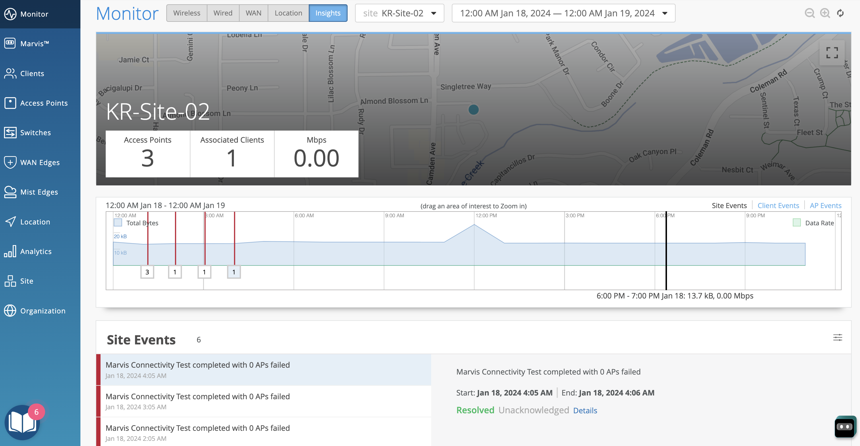Network monitoring dashboard showing KR-Site-02 with 3 access points, 1 client, 0 Mbps throughput, site map, 24-hour data usage graph, site events list, and navigation menu.