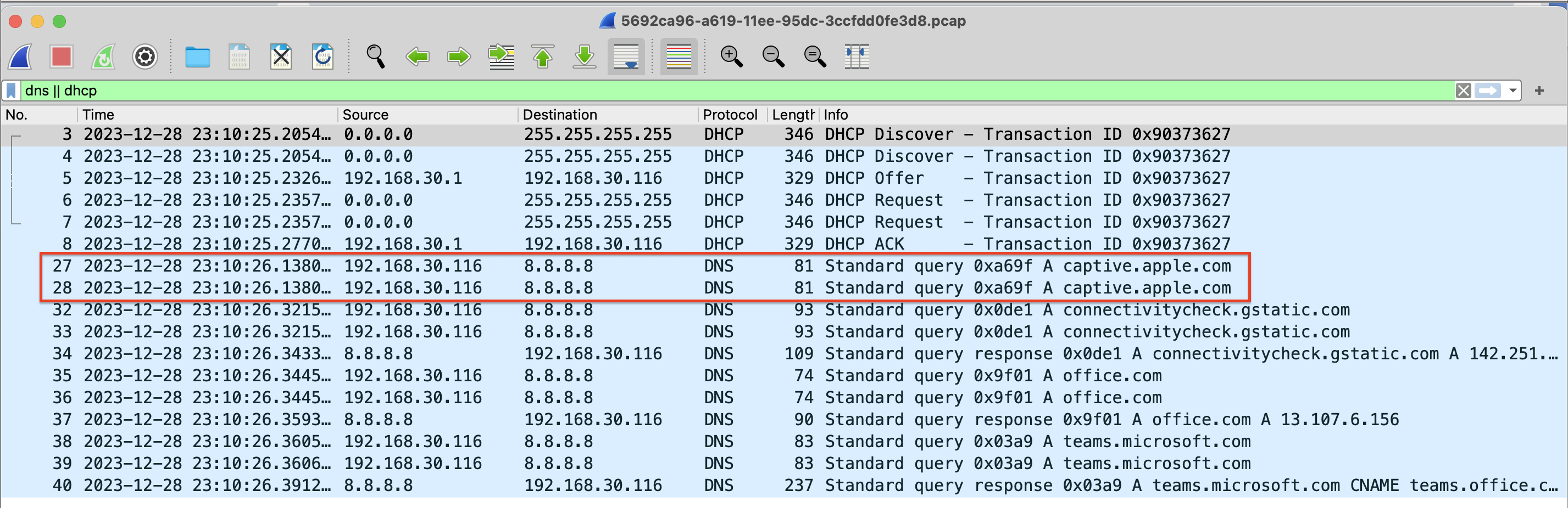 DNS and DHCP packets filtered in a network capture tool showing DNS queries for domains like captive.apple.com and DHCP traffic for IP address assignment.