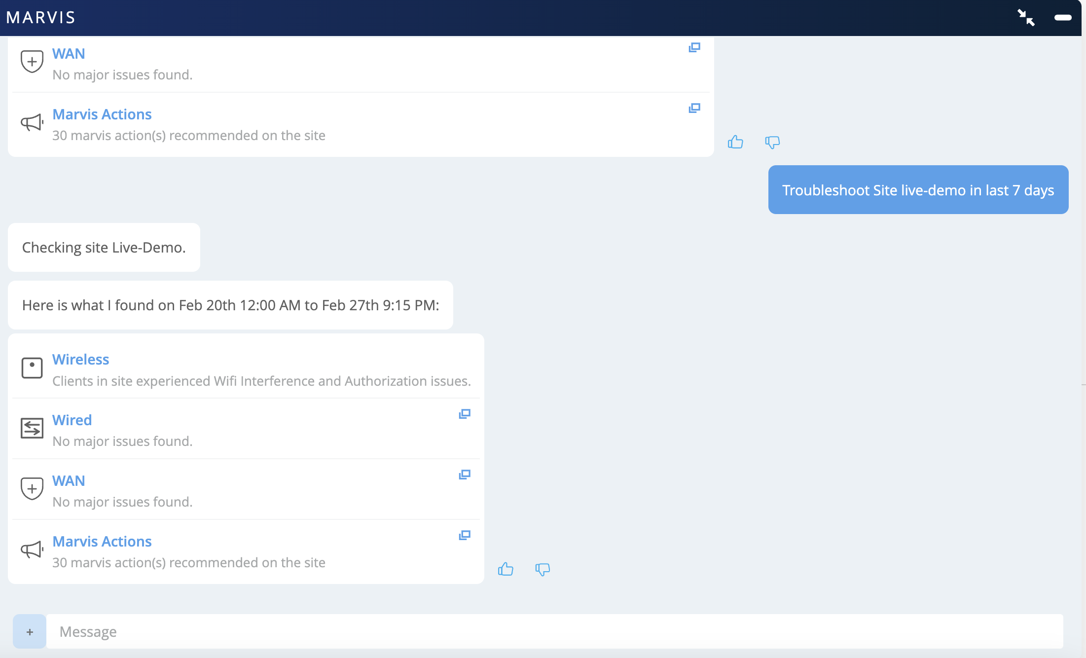 Troubleshooting interface for MARVIS analyzing site Live-Demo from February 20th 12:00 AM to February 27th 9:15 PM. Wireless shows WiFi interference and authorization issues. Wired and WAN report no major issues. Marvis recommends 30 actions. Includes button to troubleshoot site and options for user feedback.
