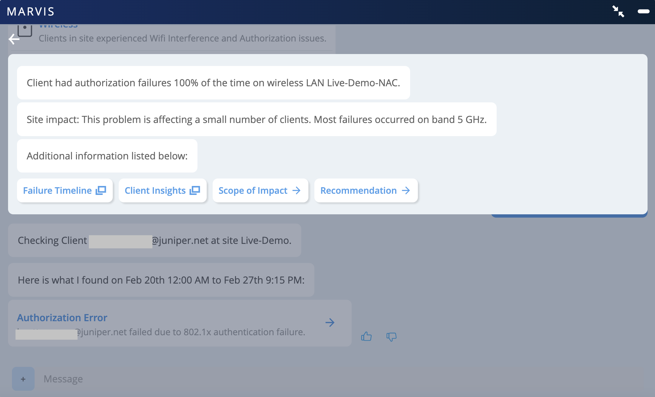 Client experiencing 100 percent authorization failures on wireless LAN Live-Demo-NAC due to 802.1x authentication issues from Feb 20th to Feb 27th. Most failures occurred on the 5 GHz band. Options for further investigation include Failure Timeline, Client Insights, Scope of Impact, and Recommendation.