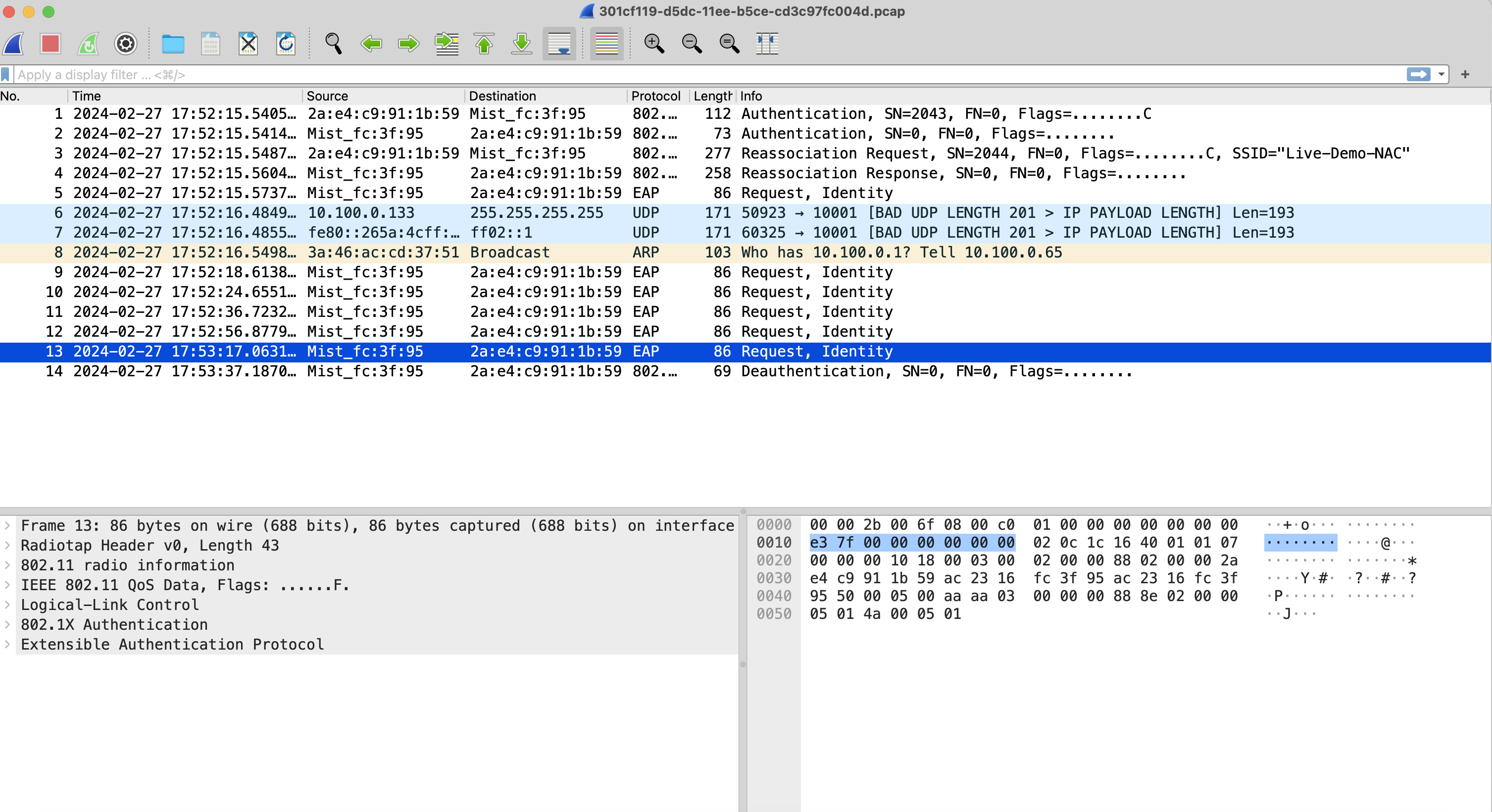 Wireshark interface analyzing network packet capture with highlighted EAP Request Identity message, showing packet list, details, and raw data bytes.