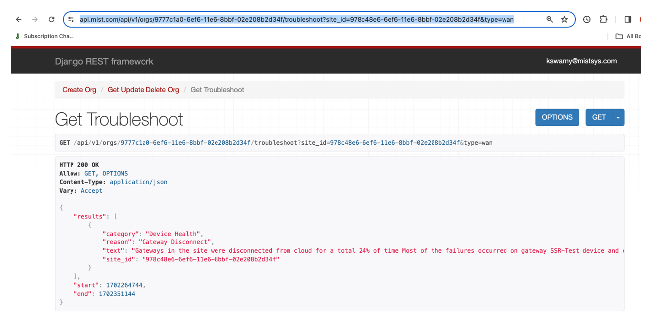 Django REST framework interface for troubleshooting device health. GET request to API endpoint shows a JSON response with status 200 OK, device health issue details, timestamps, and user email kswamy at mistsys dot com.