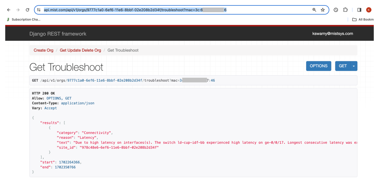 Screenshot of Django REST framework interface titled Get Troubleshoot showing API call results. HTTP Status Code 200 OK, JSON response with connectivity issue details: Category Connectivity, Reason Latency, high latency on switch interface. Includes Site ID, Start and End Timestamps, and buttons for OPTIONS and GET requests.