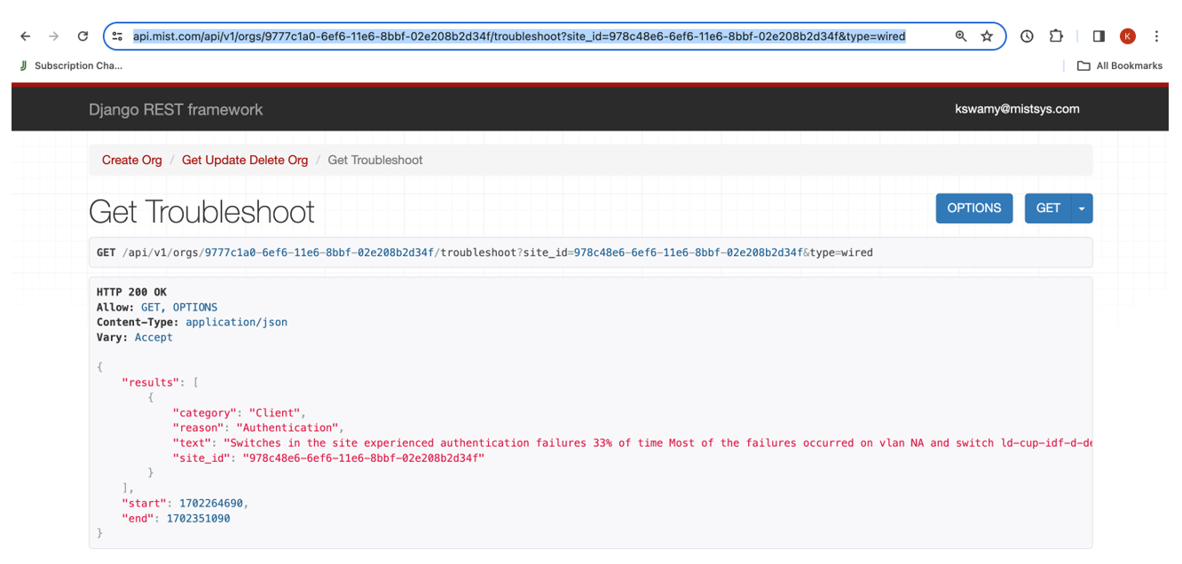 Django REST framework interface showing response of Get Troubleshoot API request with HTTP 200 OK status. JSON response highlights authentication failures on switches in a site.