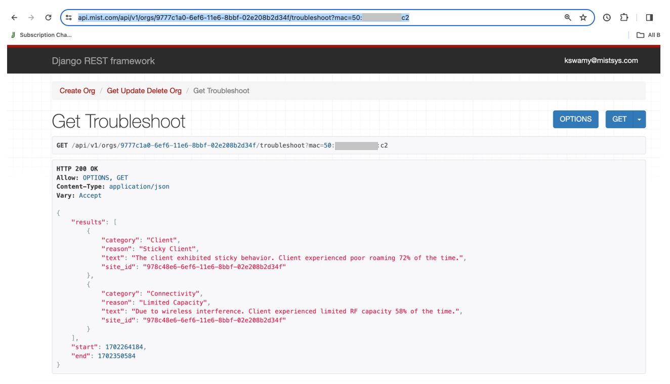 Django REST framework interface showing Get Troubleshoot API call results. Status HTTP 200 OK. JSON response details client roaming and connectivity issues.