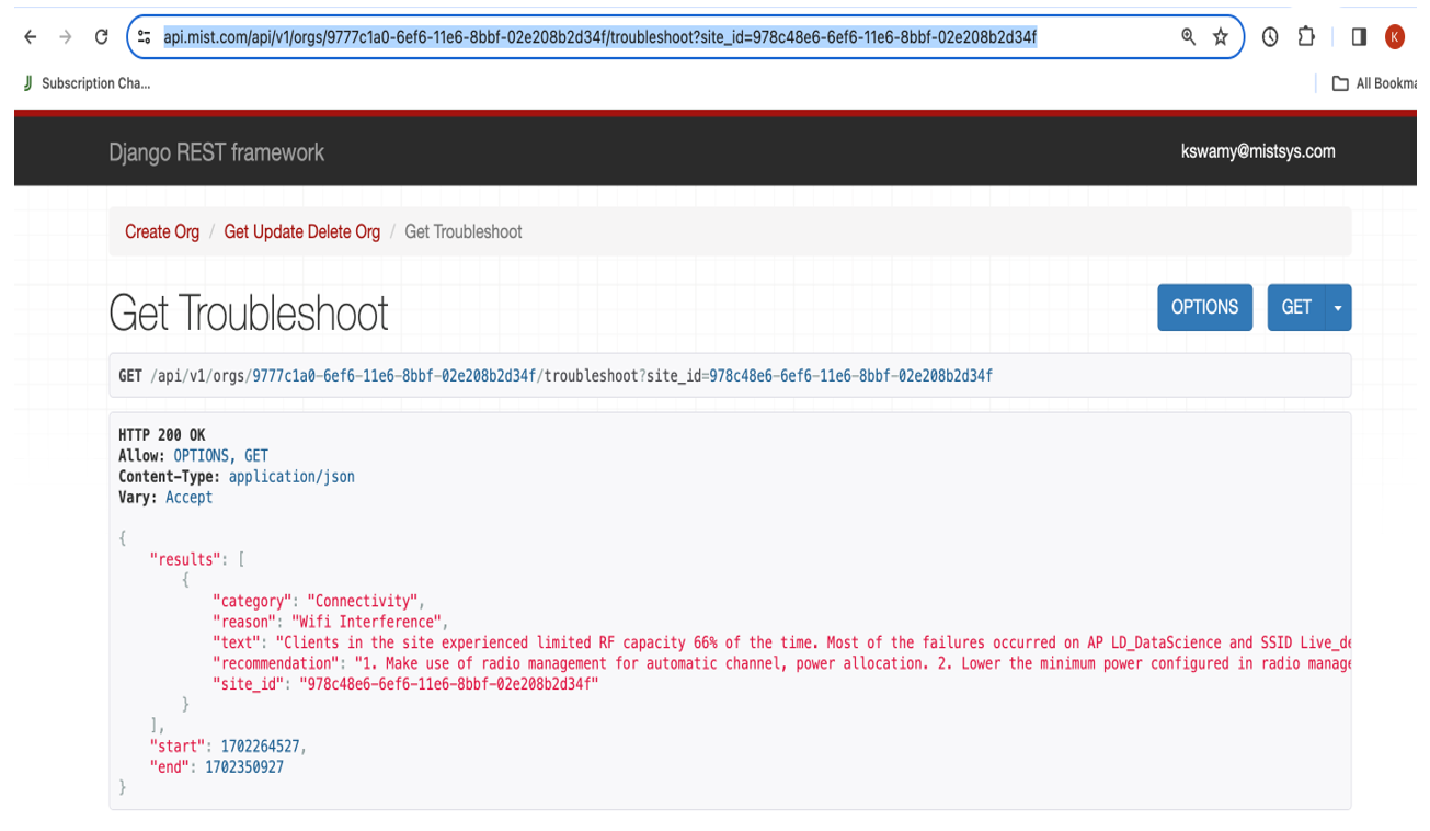 Django REST framework interface showing a GET Troubleshoot API call with HTTP 200 OK status. Response indicates WiFi interference causing 66 percent RF capacity issues, affecting access points and SSIDs. Recommendations suggest radio management for automatic channel and power allocation and lowering minimum power settings. User email visible in top-right corner.
