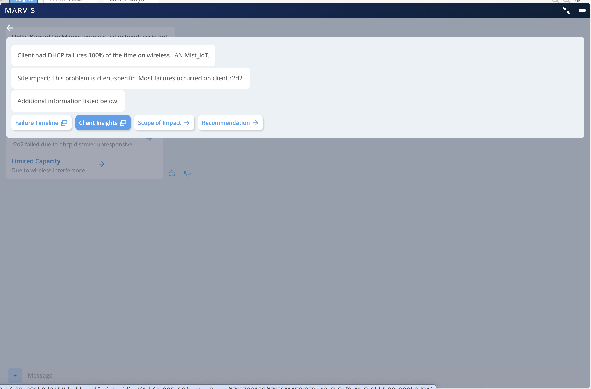 Network troubleshooting interface from Marvis showing DHCP failures 100 percent on Mist_IoT wireless LAN for client r2d2. Options include Failure Timeline, Client Insights, Scope of Impact, and Recommendation.
