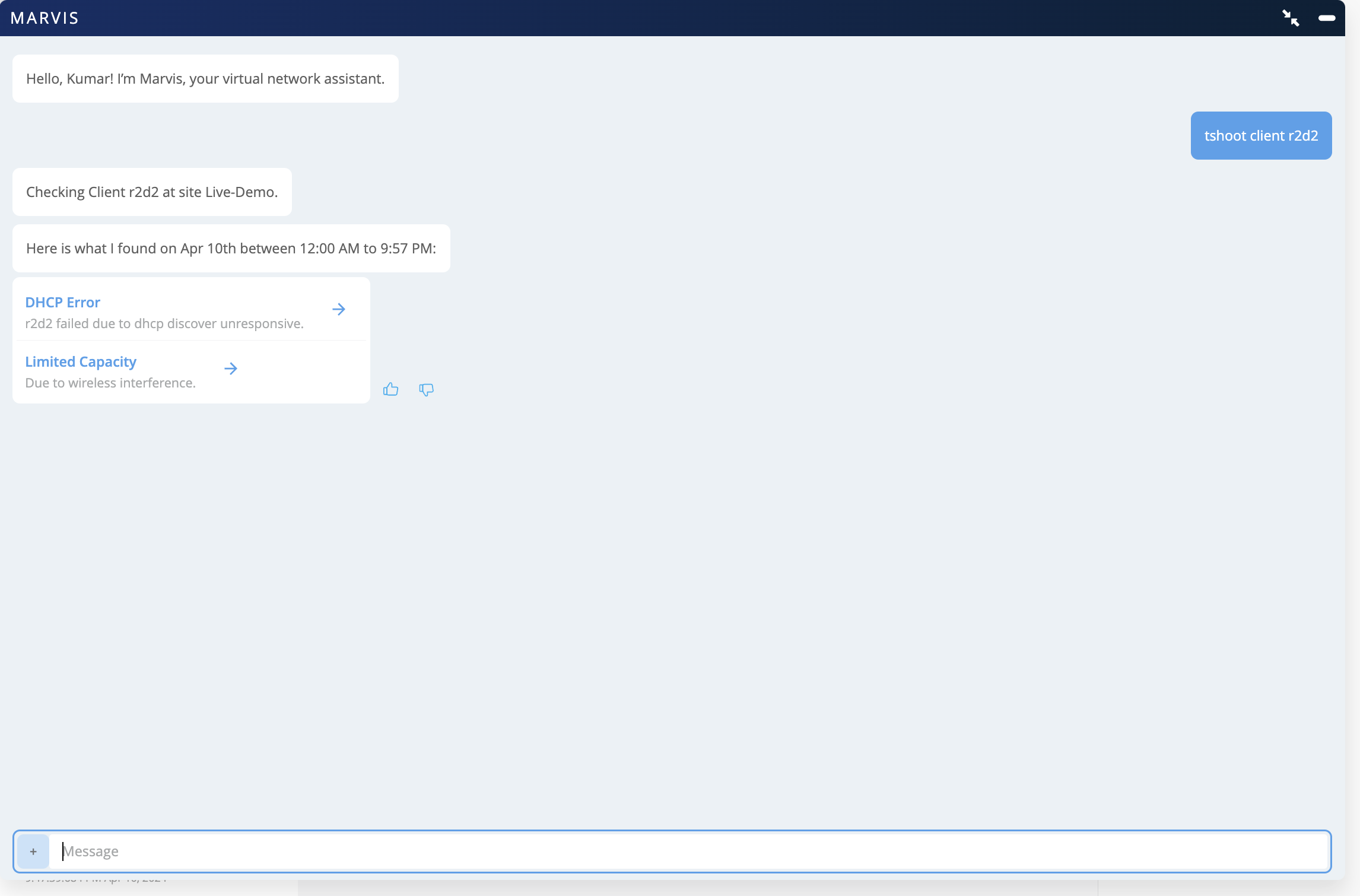 Virtual network assistant Marvis troubleshooting client r2d2 for April 10th, highlighting DHCP discover unresponsive and wireless interference issues. Links for details and feedback options available.