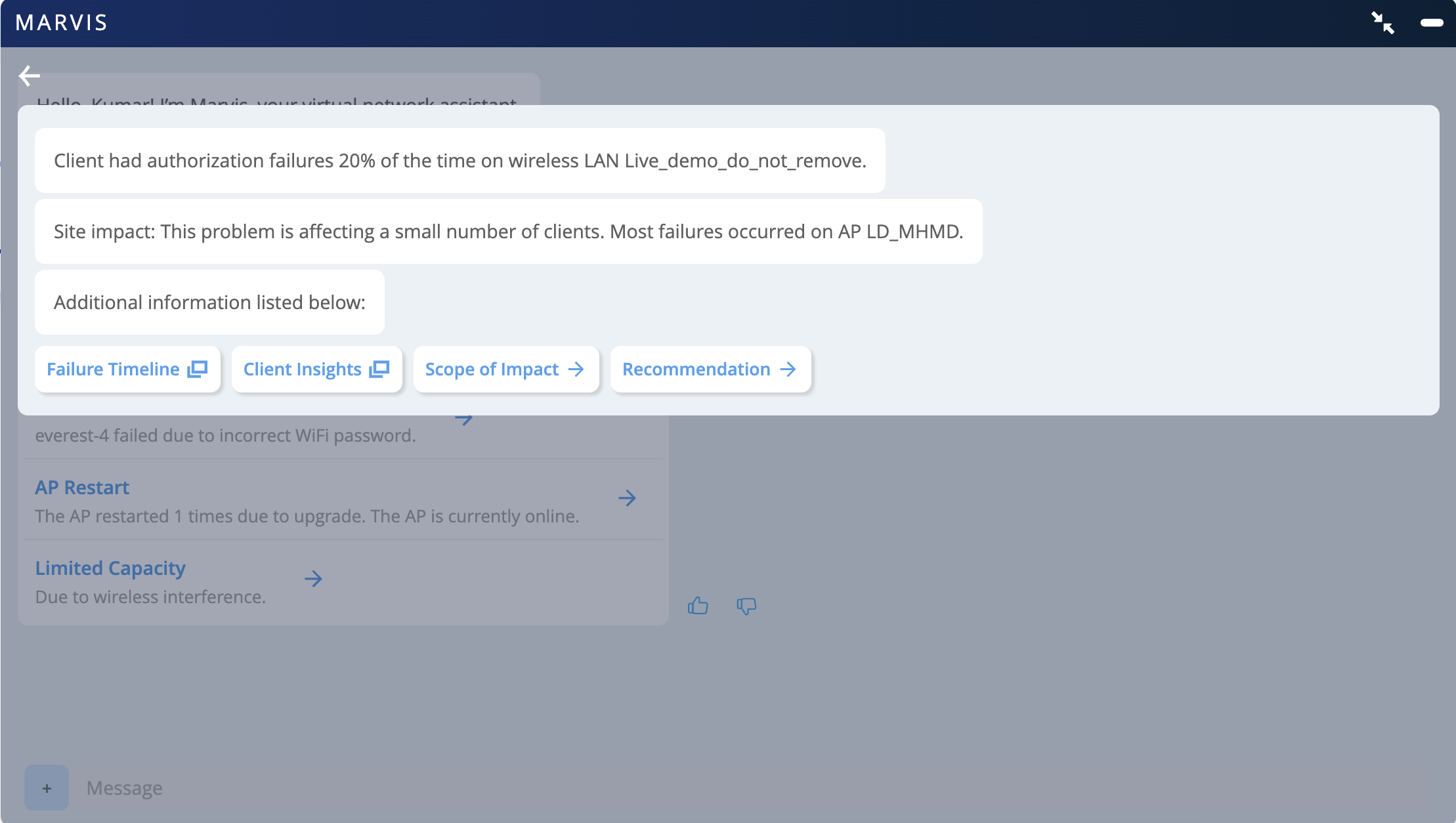 Network troubleshooting interface from Marvis showing authorization failures 20 percent of the time on WLAN Live_demo_do_not_remove, mostly affecting AP LD_MHMD, with options for further details like Failure Timeline and Recommendation.