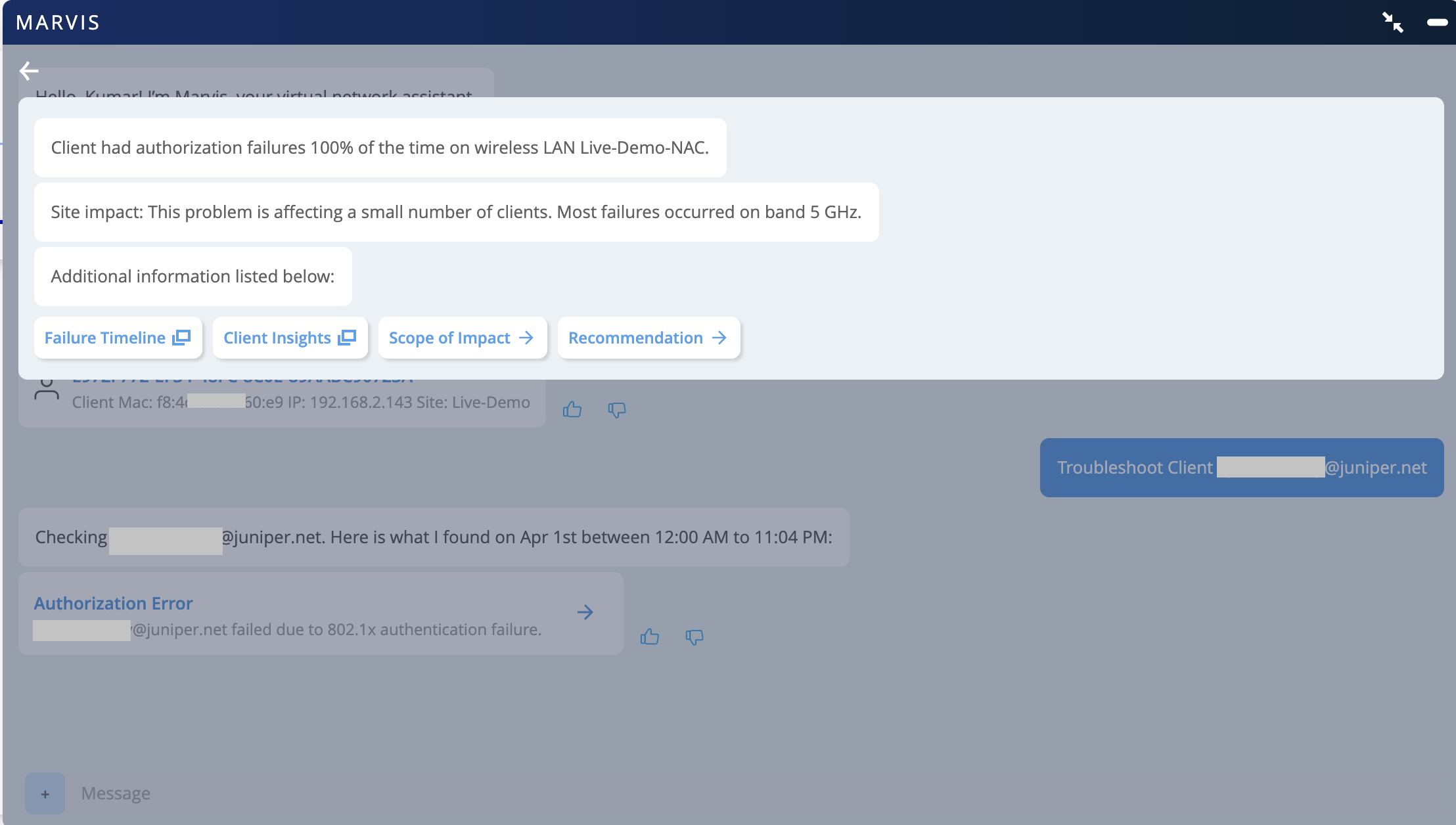 Network troubleshooting interface showing 100 percent authorization failures for a client on the wireless LAN Live-Demo-NAC with links to failure timeline, client insights, scope of impact, recommendation, and troubleshoot client button.