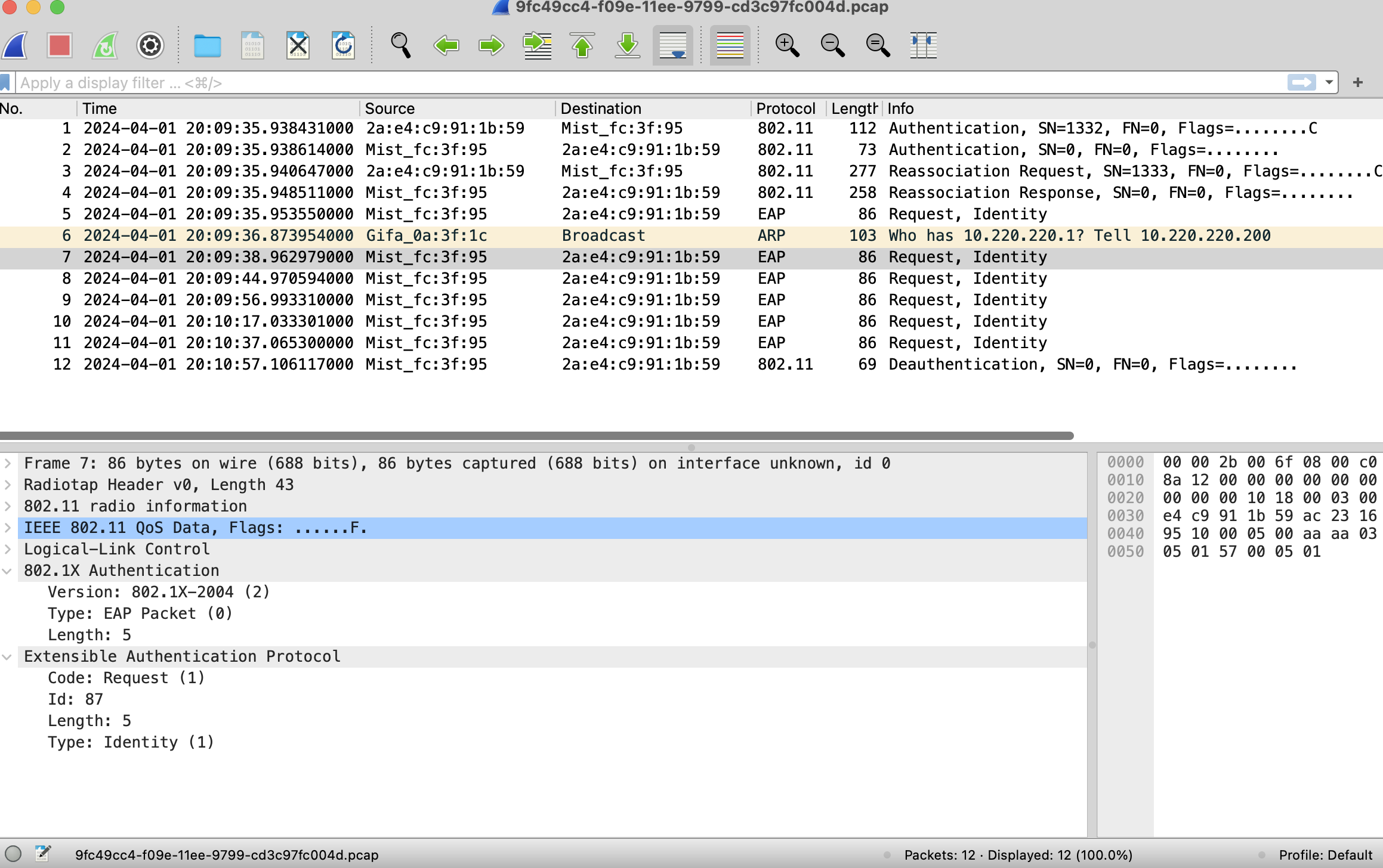 Screenshot of Wireshark showing captured network packets with columns for time, source, destination, protocol, length, and info. Highlighted packet is an EAP request with detailed protocol layers and hexadecimal data in the lower pane. Used for network troubleshooting and analysis.
