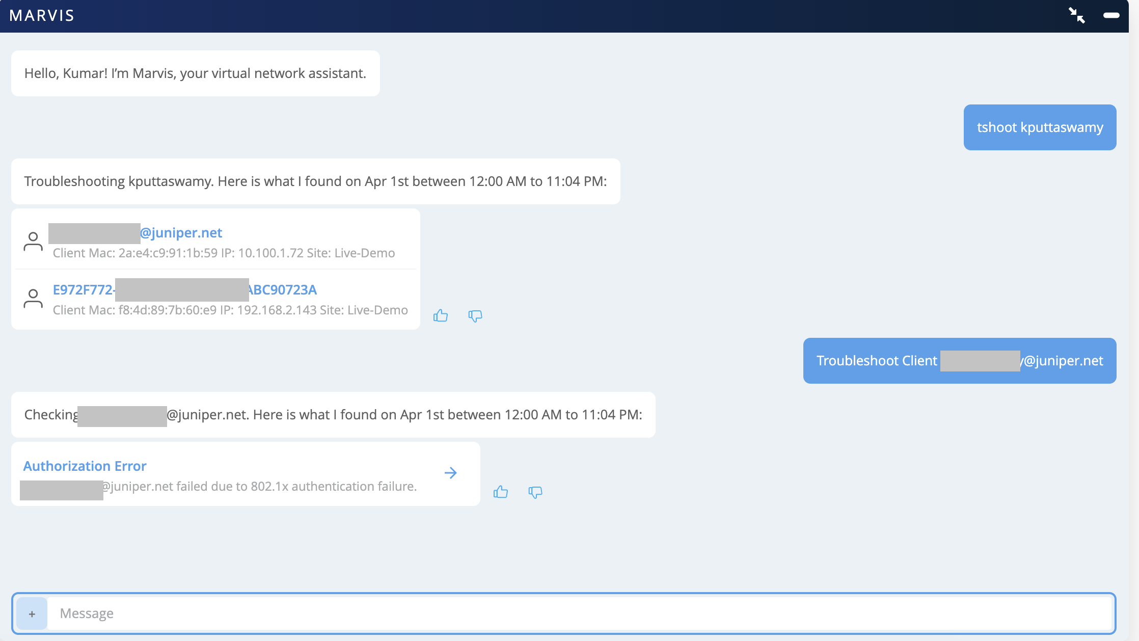Screenshot of a chat with Marvis troubleshooting a client device. Includes user input, client details like MAC and IP addresses, site info Live-Demo, and an error message for 802.1x authentication failure. Features user feedback options and a text input field.