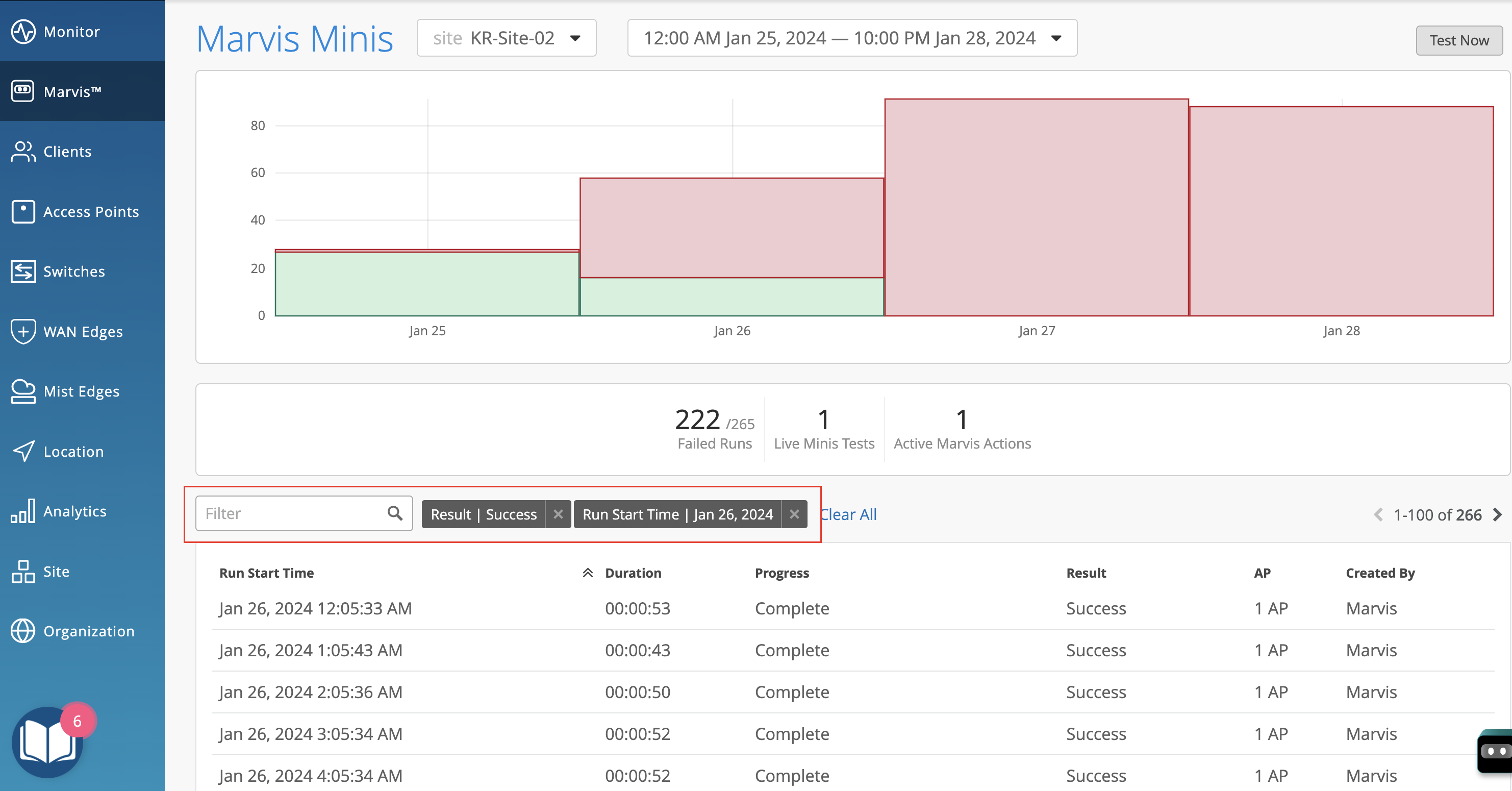 Dashboard interface for monitoring network performance with bar chart showing test results over time, summary metrics, filters, detailed test results table, and navigation menu.