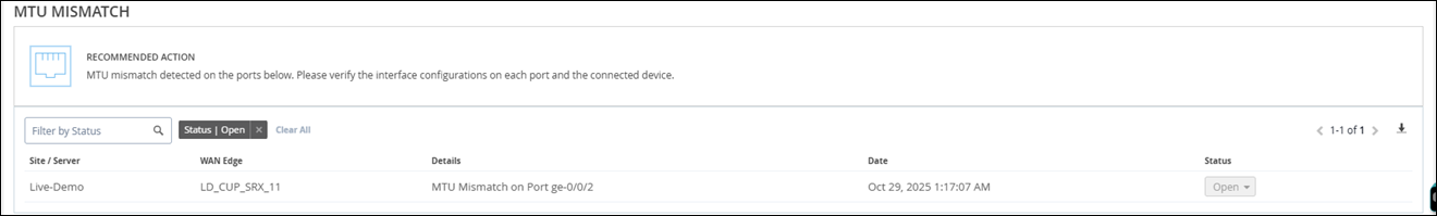 MTU Mismatch issue detected on Port ge-0/0/2 at Live-Demo site with WAN Edge LD_CUP_SRX_11. Status: Open. Recommended action: Verify interface configurations.
