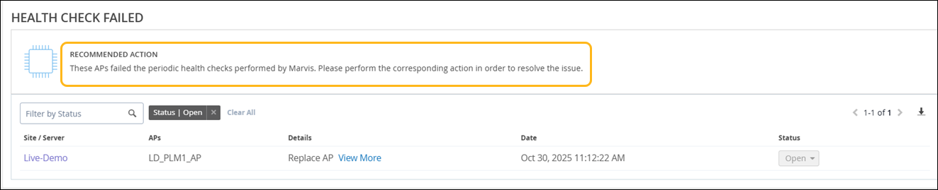 Health Check Failed notification showing AP failure details for site Live-Demo. Recommended action: replace AP LD_PLM1_AP. Logged on October 30, 2025, status Open.