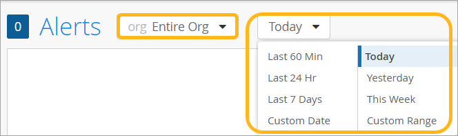 User interface for an alert system showing zero alerts, filters for organization scope and time range, with Today selected in the dropdown.