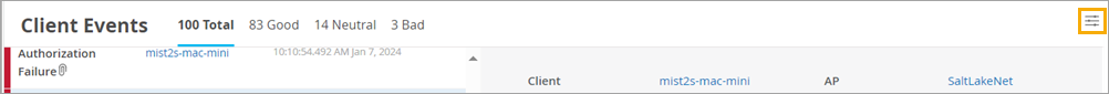 Client Events log showing 100 events: 83 Good, 14 Neutral, 3 Bad. Authorization Failure for client mist2s-mac-mini at 10:10 AM on Jan 7, 2024. Connected to access point SaltLakeNet.