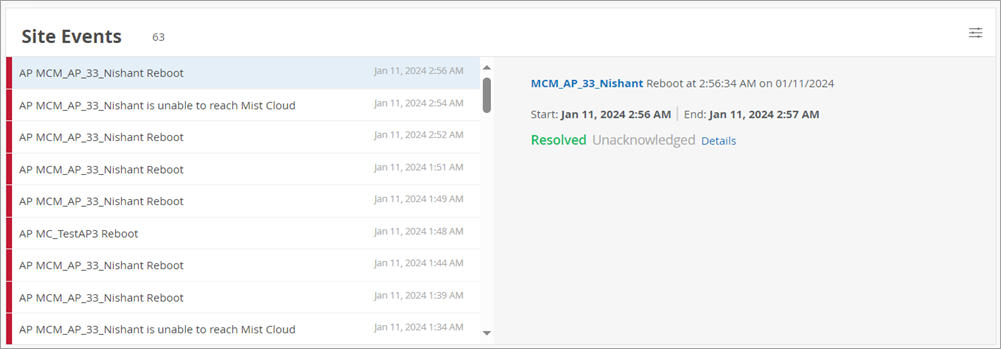 Site Events dashboard showing network device logs for access points, including reboots and connectivity issues. Selected event details show event name, timestamp, start and end times, and status as Resolved.