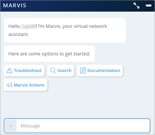 Virtual network assistant Marvis interface with options Troubleshoot Search Documentation and Marvis Actions plus Message input field