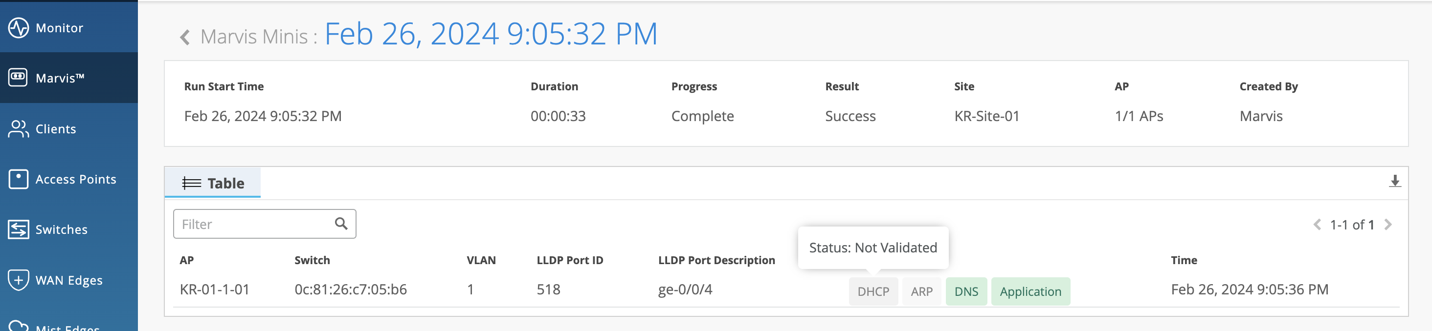 Network monitoring interface showing a completed test on February 26, 2024, at 9:05:32 PM. Test duration was 33 seconds, conducted at KR-Site-01 with 1 access point tested. Test result was successful, initiated by Marvis. Access point details include name KR-01-1-01, switch MAC address 0c:81:26:05:b6, VLAN ID 1, LLDP Port ID 518, port description ge-0/0/4, status not validated, and test completion time 9:05:36 PM. Menu options for monitoring clients, access points, switches, WAN edges, and Mist edges are visible.
