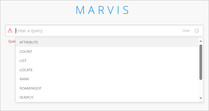 Marvis interface with a query input box labeled Enter a query and commands dropdown including ATTRIBUTE and SEARCH.