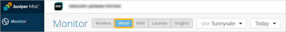 Juniper Mist interface showing navigation menu with Monitor highlighted, Wired tab selected, and dropdowns for site and date selection.