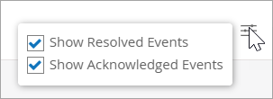 Dropdown menu with options Show Resolved Events checked and Show Acknowledged Events checked, cursor pointing to menu icon with three horizontal lines.