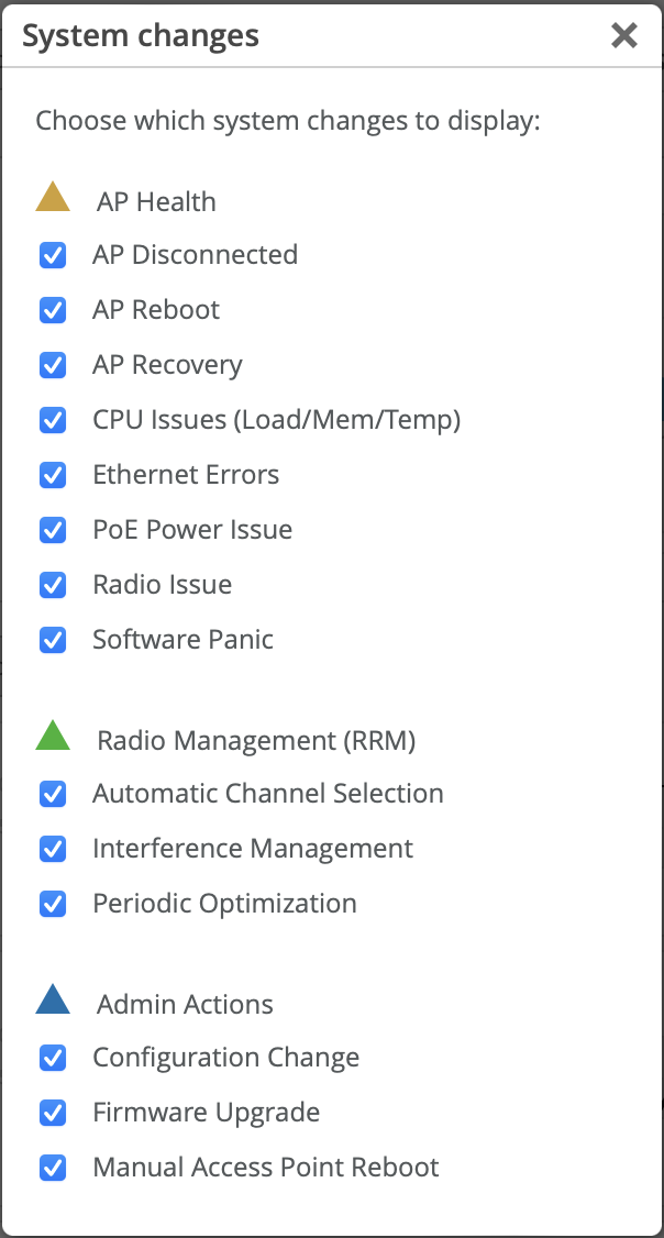 System changes menu with selectable categories: AP Health, Disconnected, Reboot, Recovery; CPU Issues; Ethernet Errors; PoE Power Issue; Radio Issue; Software Panic; Radio Management; Admin Actions.
