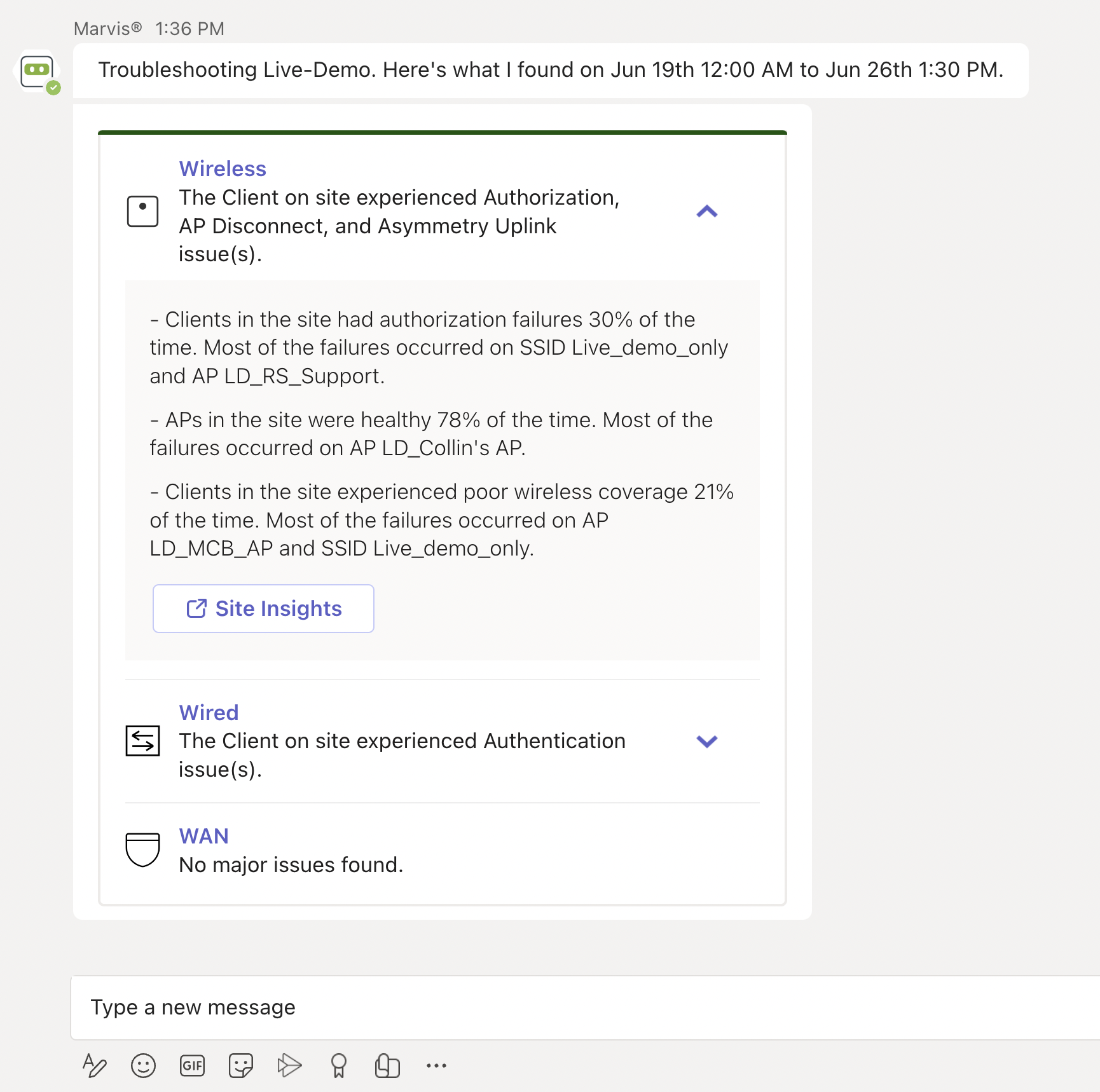 Troubleshooting report showing wireless issues with authorization failures on SSID Live_demo_only, AP disconnects, uplink asymmetry, and poor coverage. Wired shows authentication issues. WAN has no major issues. Site Insights link provides details.
