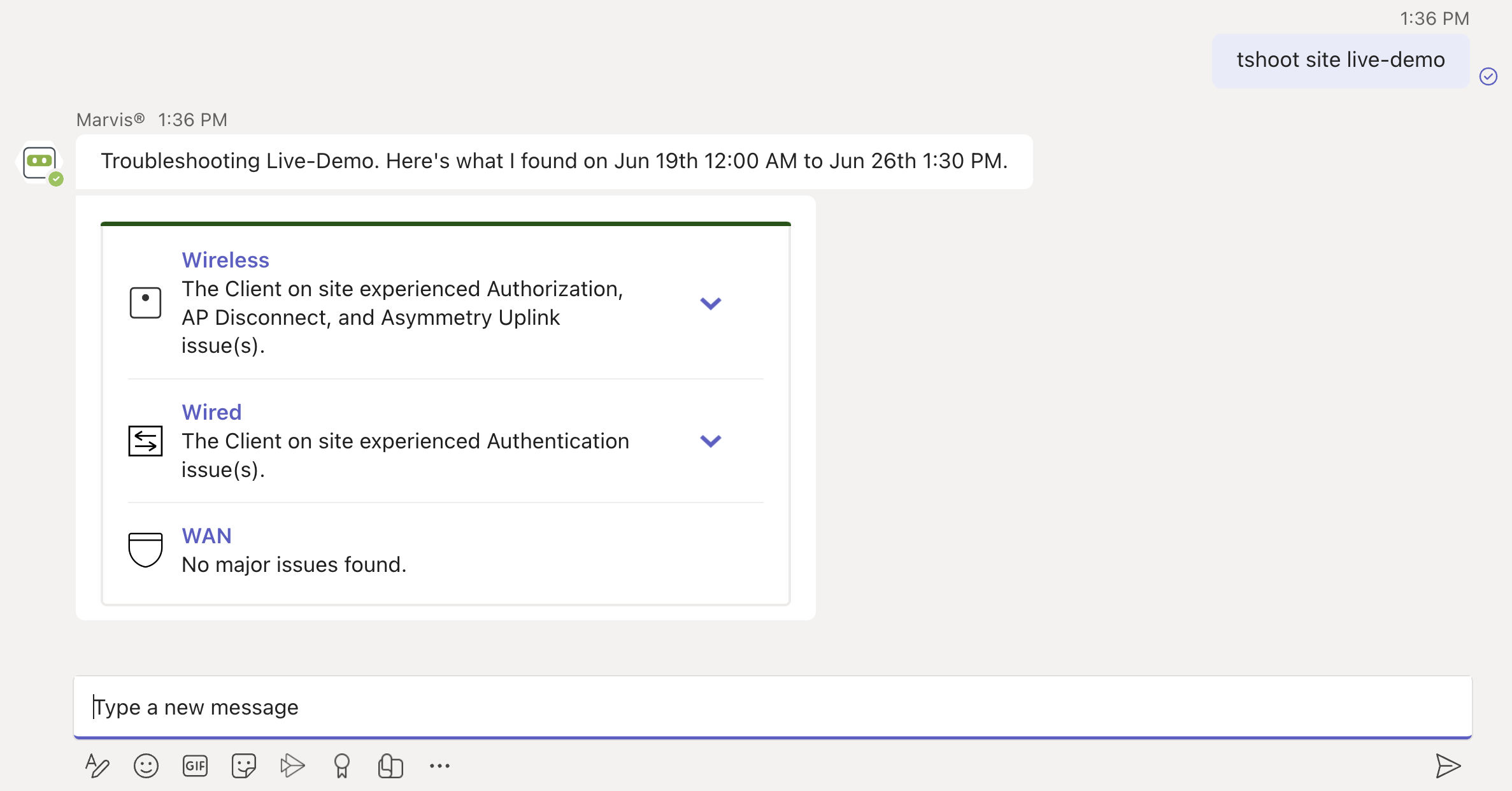 Troubleshooting interface for Live-Demo showing diagnostic data from June 19th 12:00 AM to June 26th 1:30 PM. Wireless issues include Authorization, AP Disconnect, and Asymmetry Uplink. Wired issues include Authentication. No major WAN issues detected.