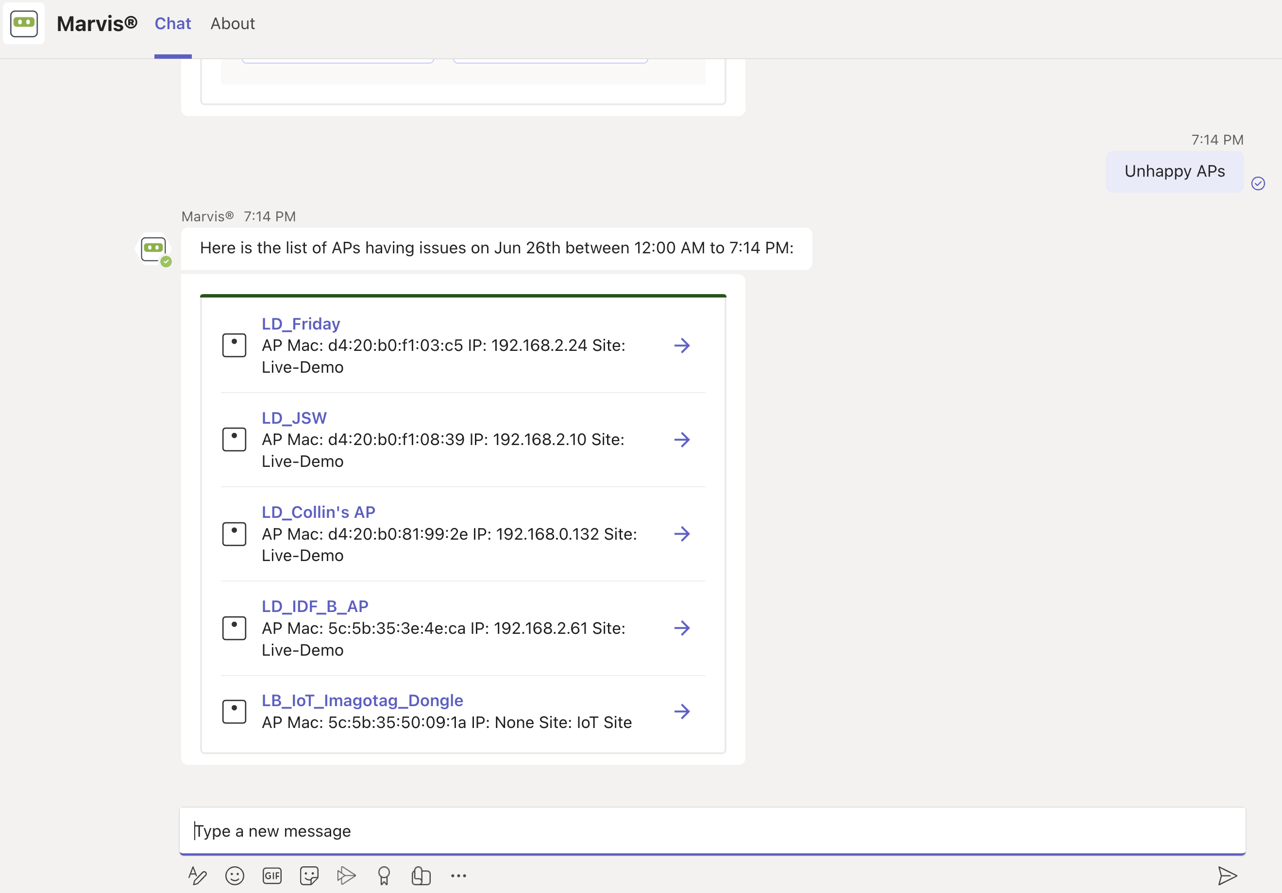 Chat interface displaying a list of Access Points with issues on June 26 between 12:00 AM and 7:14 PM, including names, MAC addresses, IP addresses, and sites.
