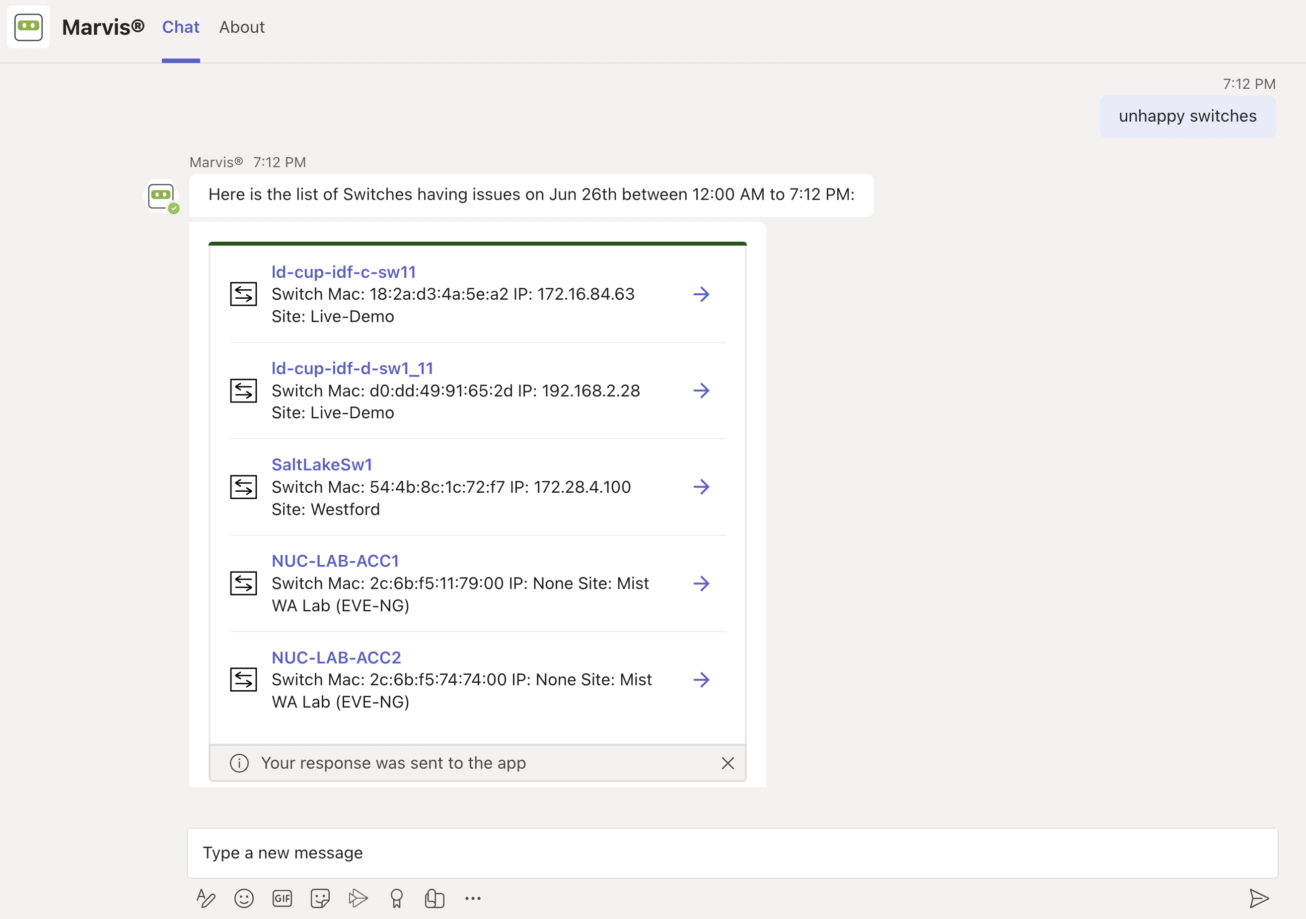 Chat interface with virtual assistant Marvis listing network switches experiencing issues on June 26th from 12:00 AM to 7:12 PM, including switch names, MAC addresses, IPs, and site locations.