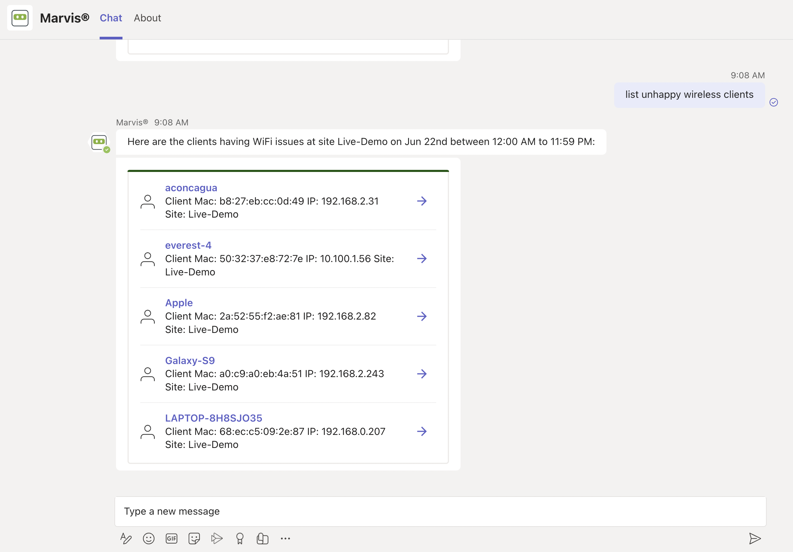 Chat interface showing query