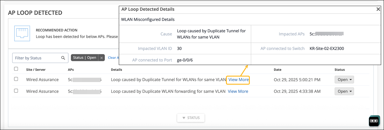 Network management interface notification about AP loops detected due to duplicate WLAN tunnels on VLAN 30. Impacted APs and connection details listed. View more links available.