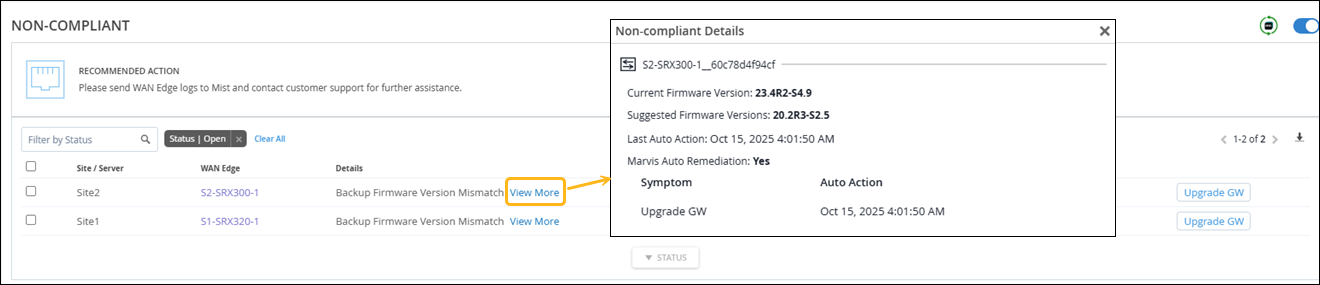 Non-Compliant section of a network management system showing devices with firmware mismatch. Includes site names, WAN Edge details, recommended actions, upgrade buttons, and filter options.