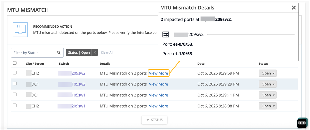 MTU mismatch interface with detected issues on specific ports. Includes table of site, switch, details, date, and status with zoomed details of impacted ports et-0/0/53 and et-1/0/53. Advises verifying configuration.