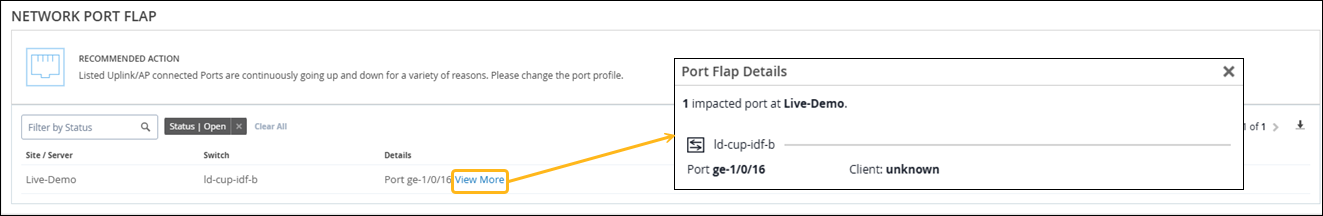 Network monitoring interface showing a port flap issue at Live-Demo site on switch ld-cup-idf-b port ge-1/0/16 with recommended action to change port profile.