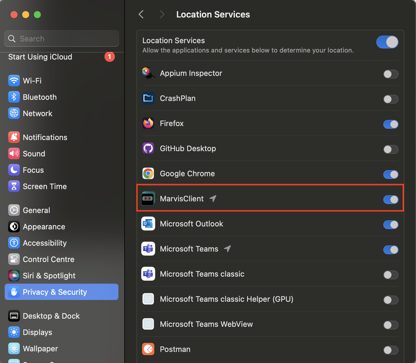 Privacy and Security settings in macOS showing Location Services section with applications listed, MarvisClient highlighted in red and actively using location services.