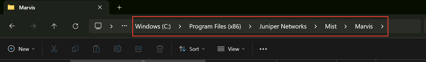 File explorer showing directory path: Windows C: > Program Files x86 > Juniper Networks > Mist > Marvis. Toolbar includes navigation and file sorting options.
