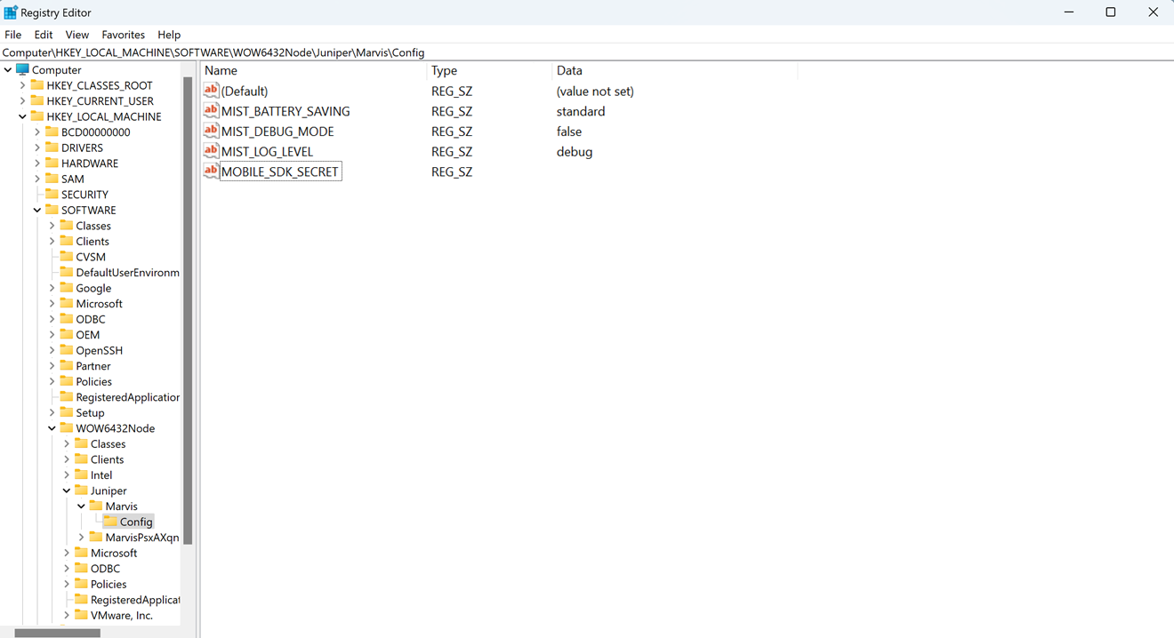 Windows Registry Editor displaying path HKEY_LOCAL_MACHINE\SOFTWARE\WOW6432Node\Juniper\Marvis\Config with keys MIST_BATTERY_SAVING set to standard, MIST_DEBUG_MODE set to false, and MIST_LOG_LEVEL set to debug.